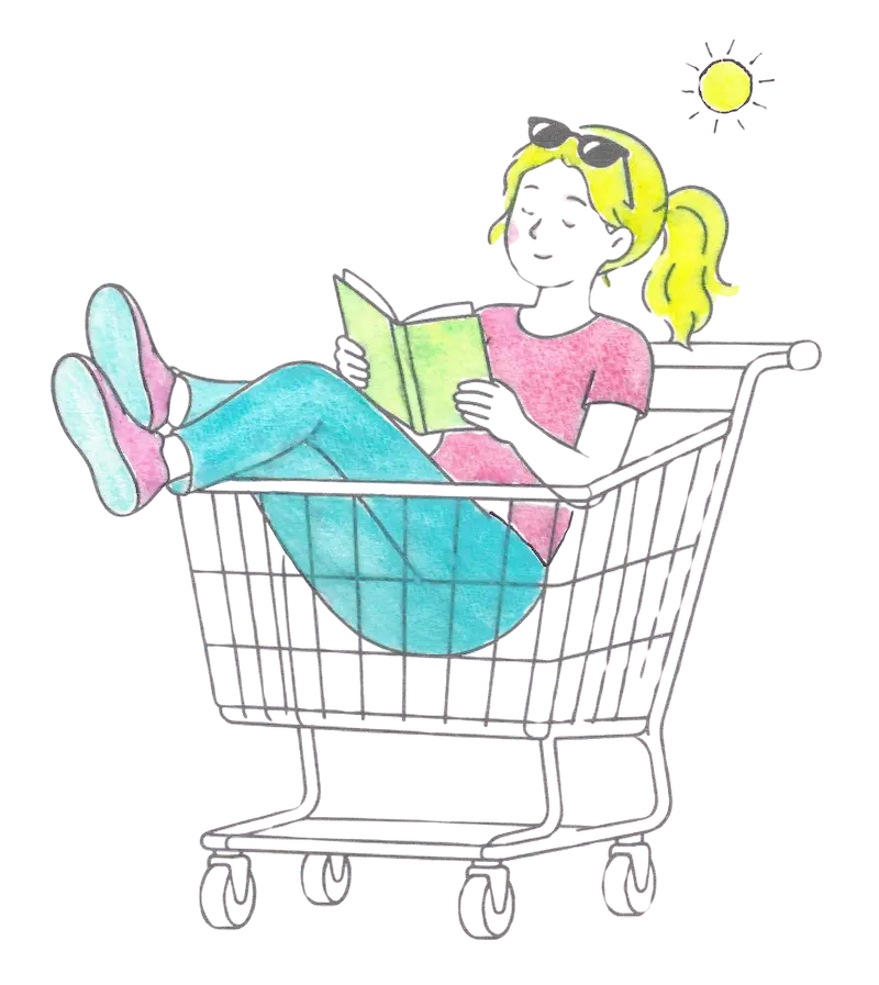 Relaxed customer sitting in a shopping cart and reading a book